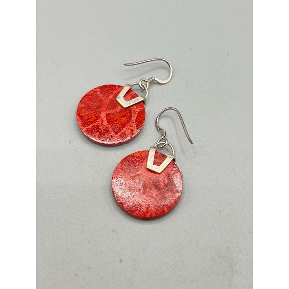 Sponge Coral Earrings Sterling Silver Apple Coral Round Pierced Dangles Drops - Picture 4 of 5